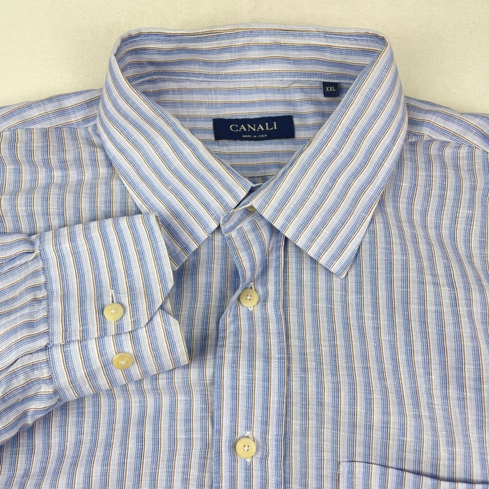 Canali Mens XXL Blue Brown Striped Linen Blend Button Down Shirt Made in Italy